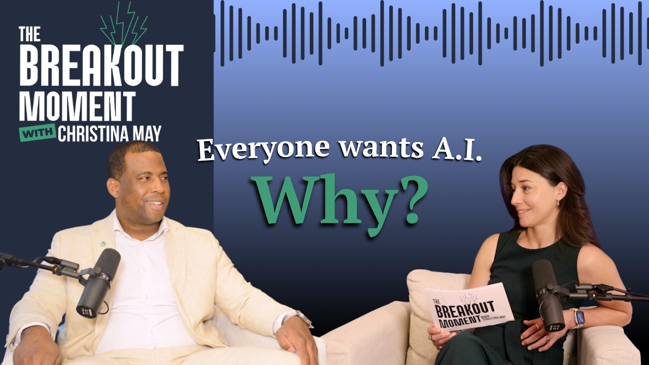 The headline reads, “Everyone wants A.I. Why?” with both guests seated across from each other with microphones, discussing artificial intelligence, automation, and business growth.
