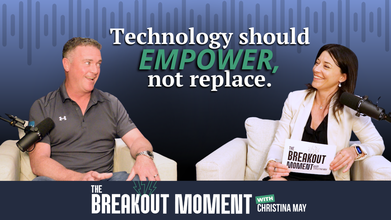 Brendan and Christina sit in a podcast studio across one another. Text reads “Technology should empower, not replace”